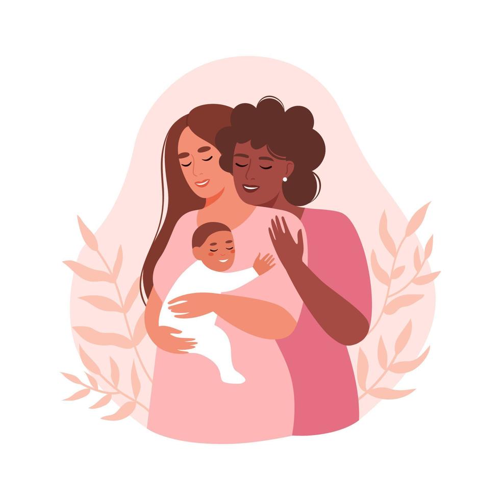 heureux couple de lesbiennes avec un nouveau-né. concept de grossesse, famille, maternité. illustration vectorielle plane. vecteur