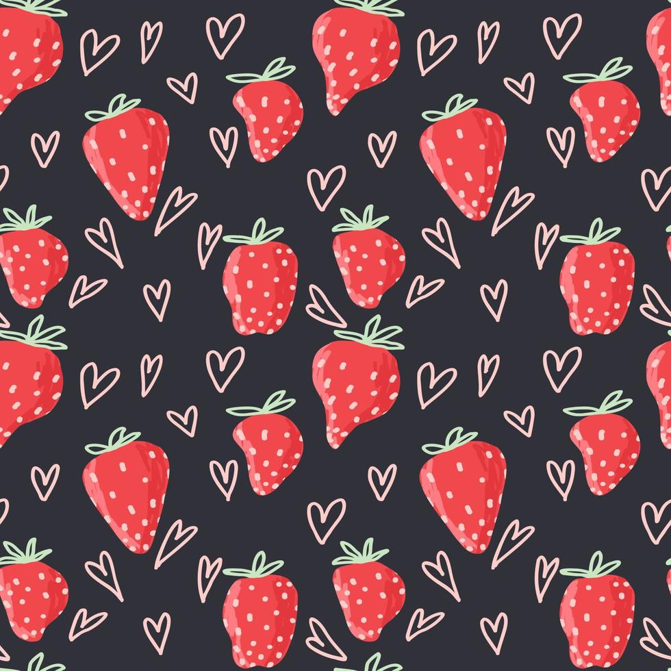 motif noir harmonieux d'été dessiné à la main avec fraise, résumé, coeurs, amour doodle. vecteur mignon pour papier, tissu, cuisine, enfant.