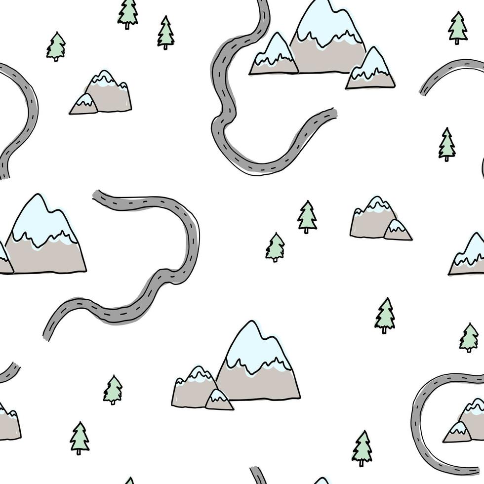 motif blanc sur les montagnes de doodle dessinés à la main de voyage à pied des arbres forestiers. vecteur