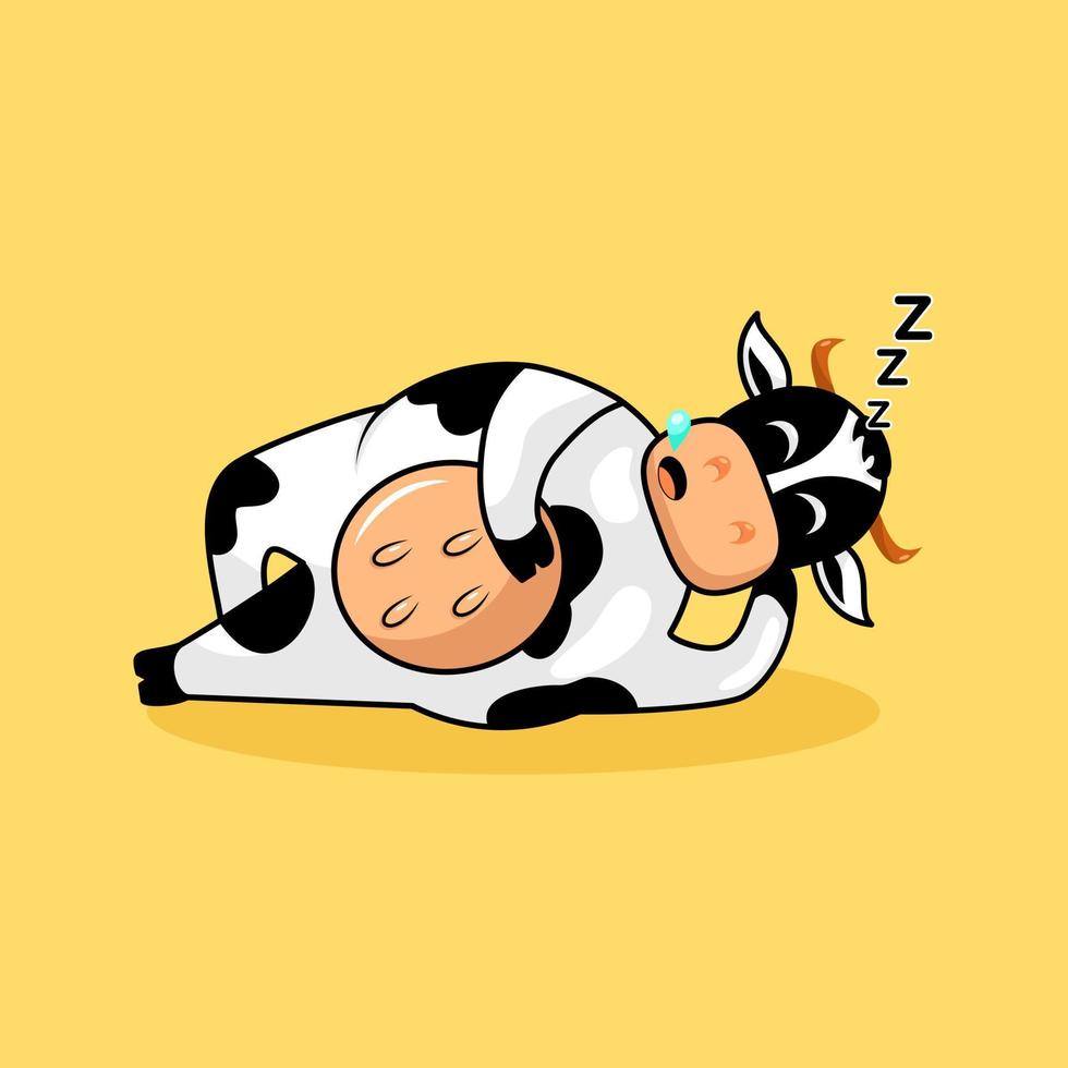 illustration mignonne de sommeil de vache. dessin animé, mascotte, animal et style de personnage. orange, noir et blanc. adapté au logo, à l'icône, au symbole, à la conception de t-shirt et au signe vecteur