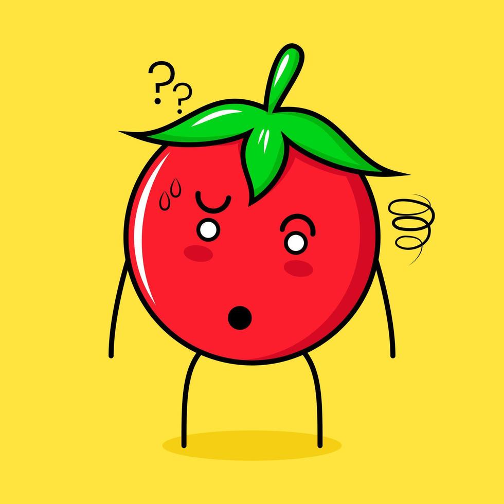 personnage de tomate mignon avec une expression confuse. vert, rouge et jaune. adapté pour émoticône, logo, mascotte vecteur