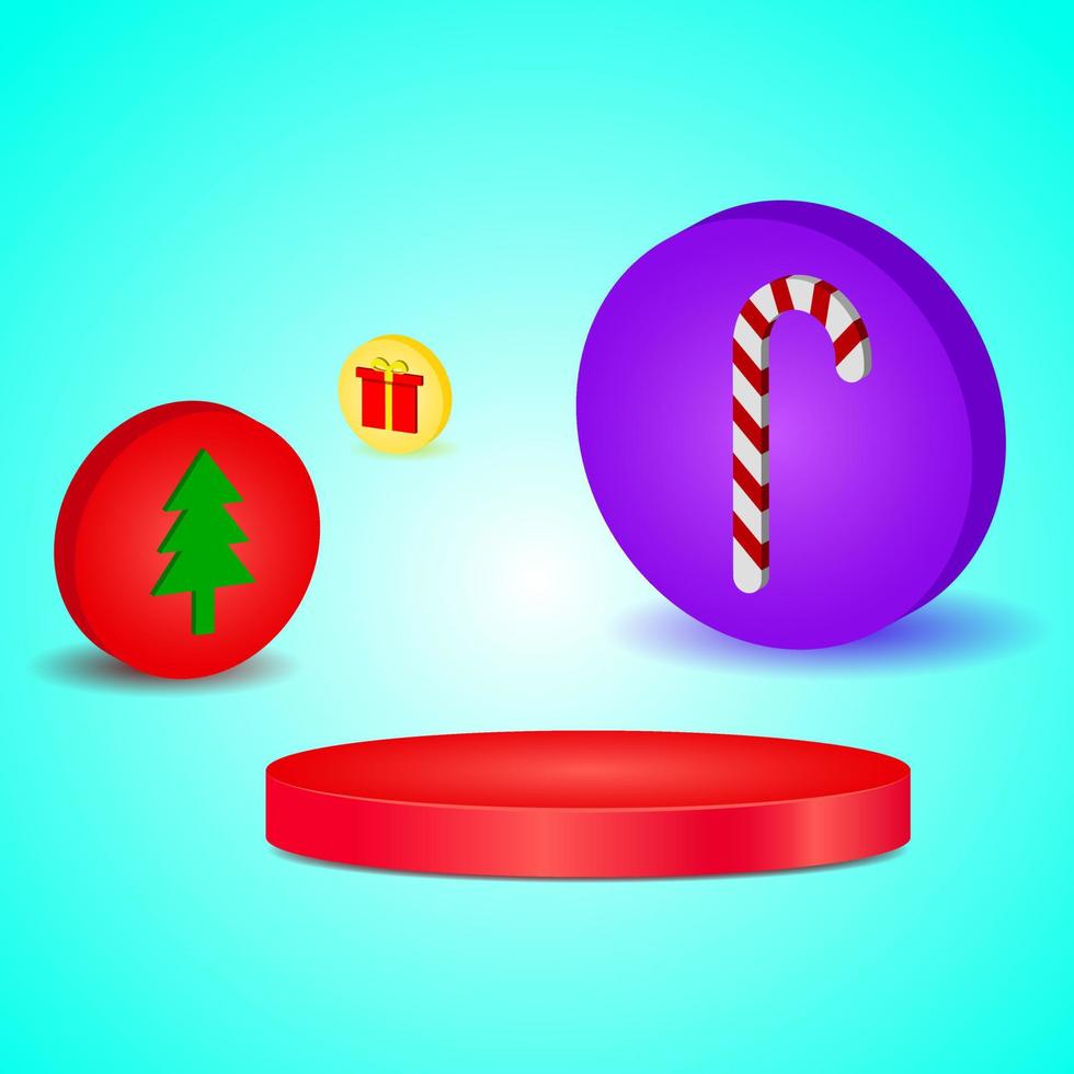 podium de cercle rouge 3d. fond bleu d'hiver avec arbre, boîte-cadeau et canne en bonbon. coloré. adapté à la promotion de fond ou au produit de vente vecteur