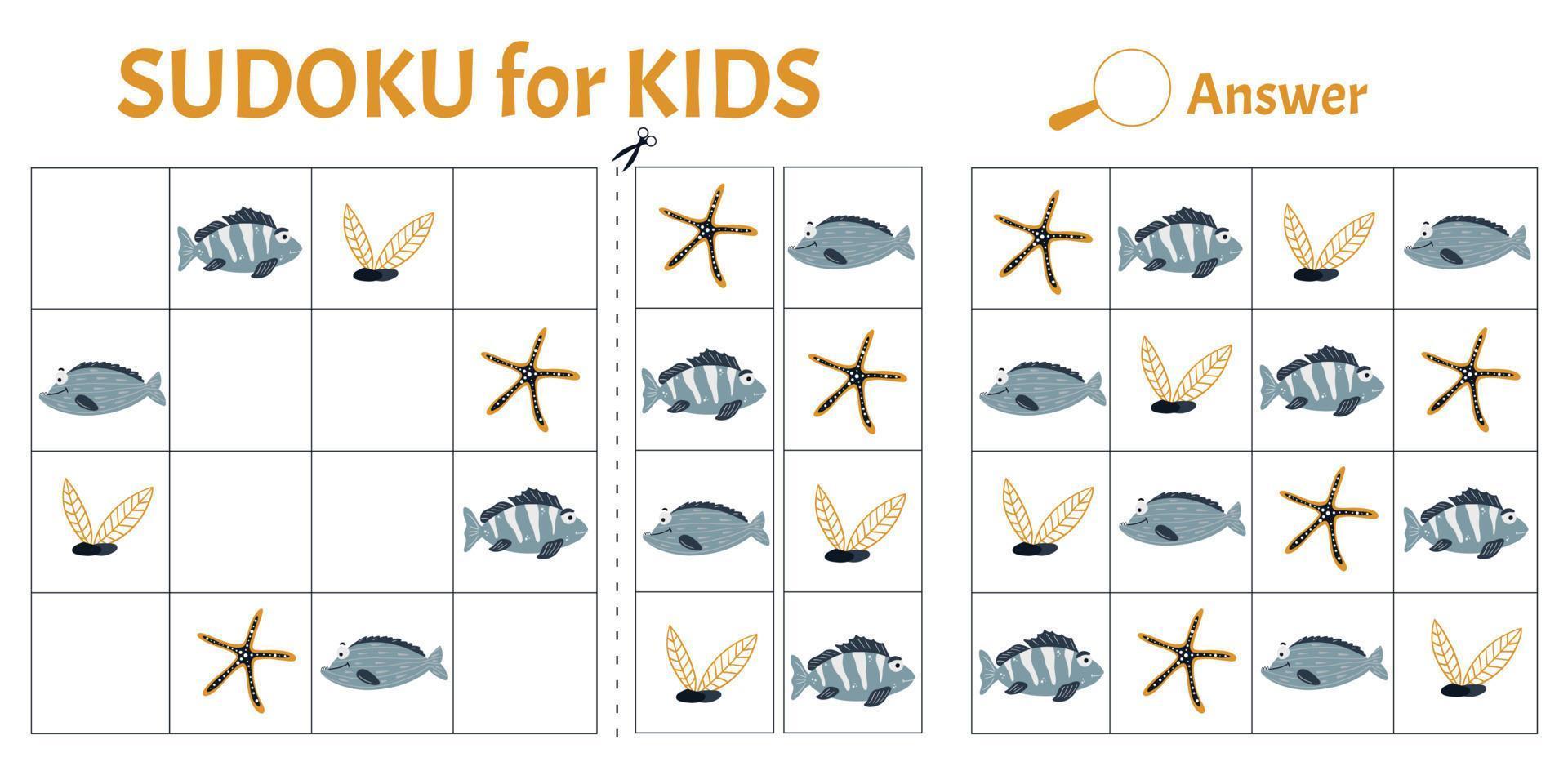 jeu de sudoku pour les enfants avec des images d'animaux marins. fiche d'activités pour enfants. style de dessin animé illustration vectorielle vecteur