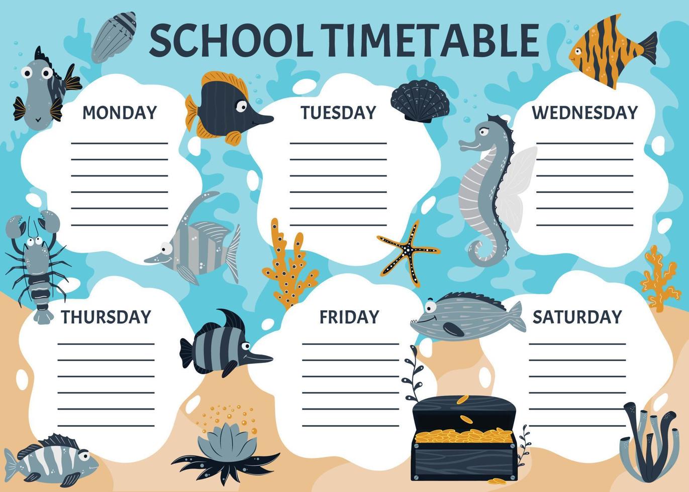 calendrier scolaire des classes à l'école primaire. modèle de planificateur hebdomadaire avec des animaux marins de dessin animé. graphiques vectoriels en style cartoon vecteur