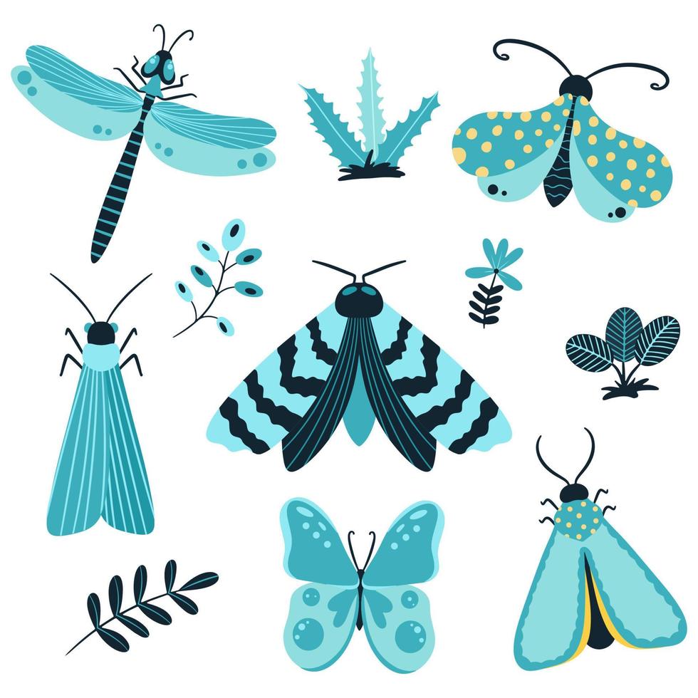 papillons, insectes et fleurs dessinés à la main. ailes de papillon de nuit et insectes volants et coléoptères colorés au printemps. vecteur sur un fond blanc.