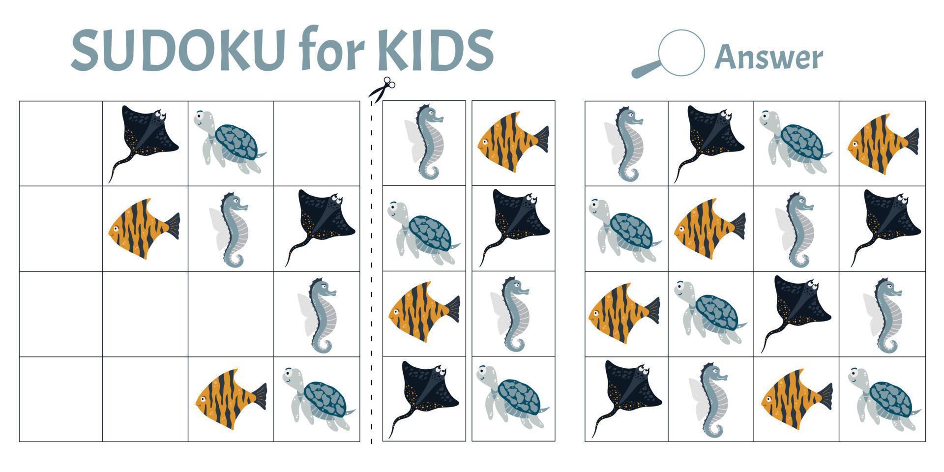 jeu de sudoku pour les enfants avec des images d'animaux marins. fiche d'activités pour enfants. style de dessin animé illustration vectorielle vecteur