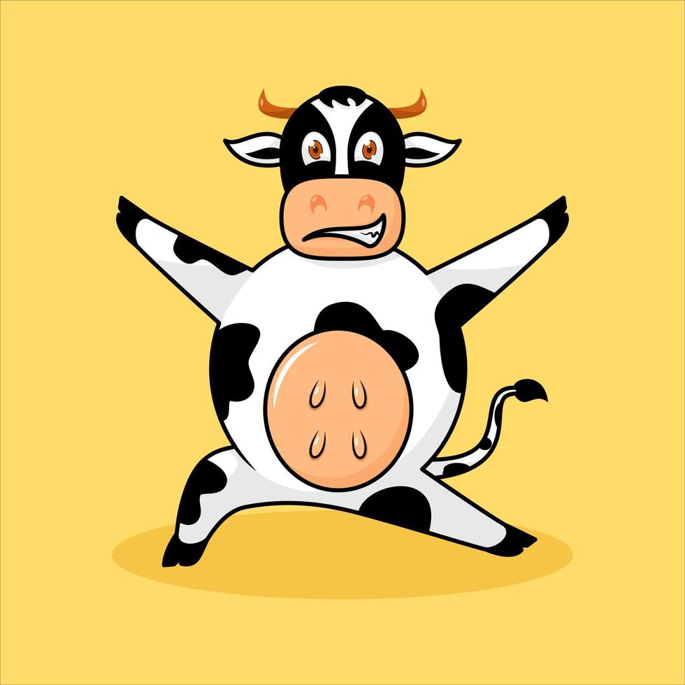 illustration de vache mignonne debout et mains tendues. dessin animé, mascotte, animal et style de personnage. orange, noir et blanc. adapté au logo, à l'icône, au symbole, à la conception de t-shirt et au signe vecteur