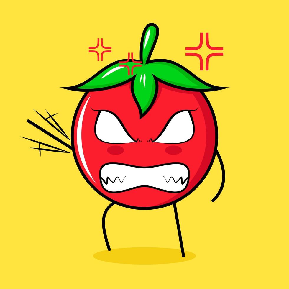 personnage mignon de tomate avec une expression de colère. vert, rouge et jaune. adapté à l'émoticône, au logo, à la mascotte. une main levée, les yeux exorbités et souriants vecteur