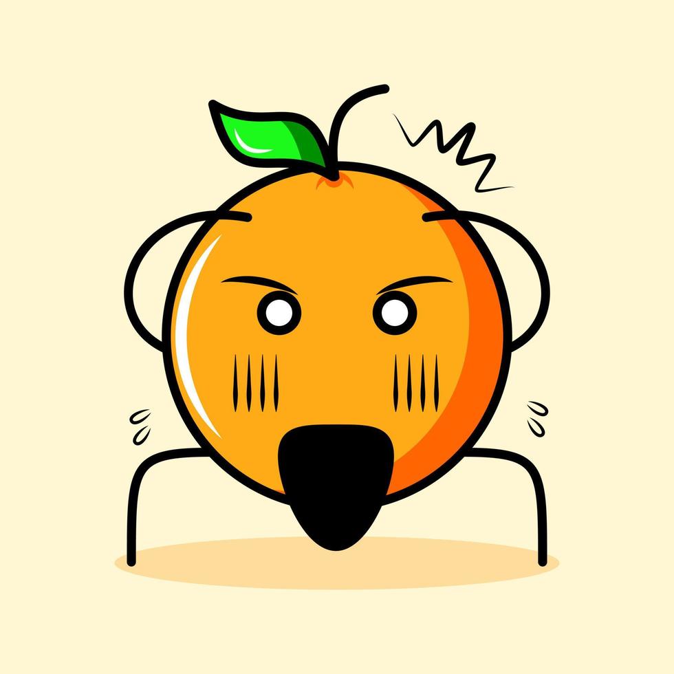 joli personnage orange avec feuille, expression choquée, deux mains sur la tête et yeux exorbités. dessin animé, émoticône, logotype moderne, frais, contour et mascotte. adapté au logo, à l'icône et au signe vecteur