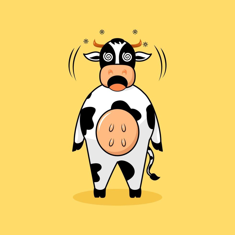 vache mignonne debout avec une expression étourdie. dessin animé, mascotte, animal et style de personnage. orange, noir et blanc. adapté au logo, à l'icône, au symbole, à la conception de t-shirt et au signe vecteur