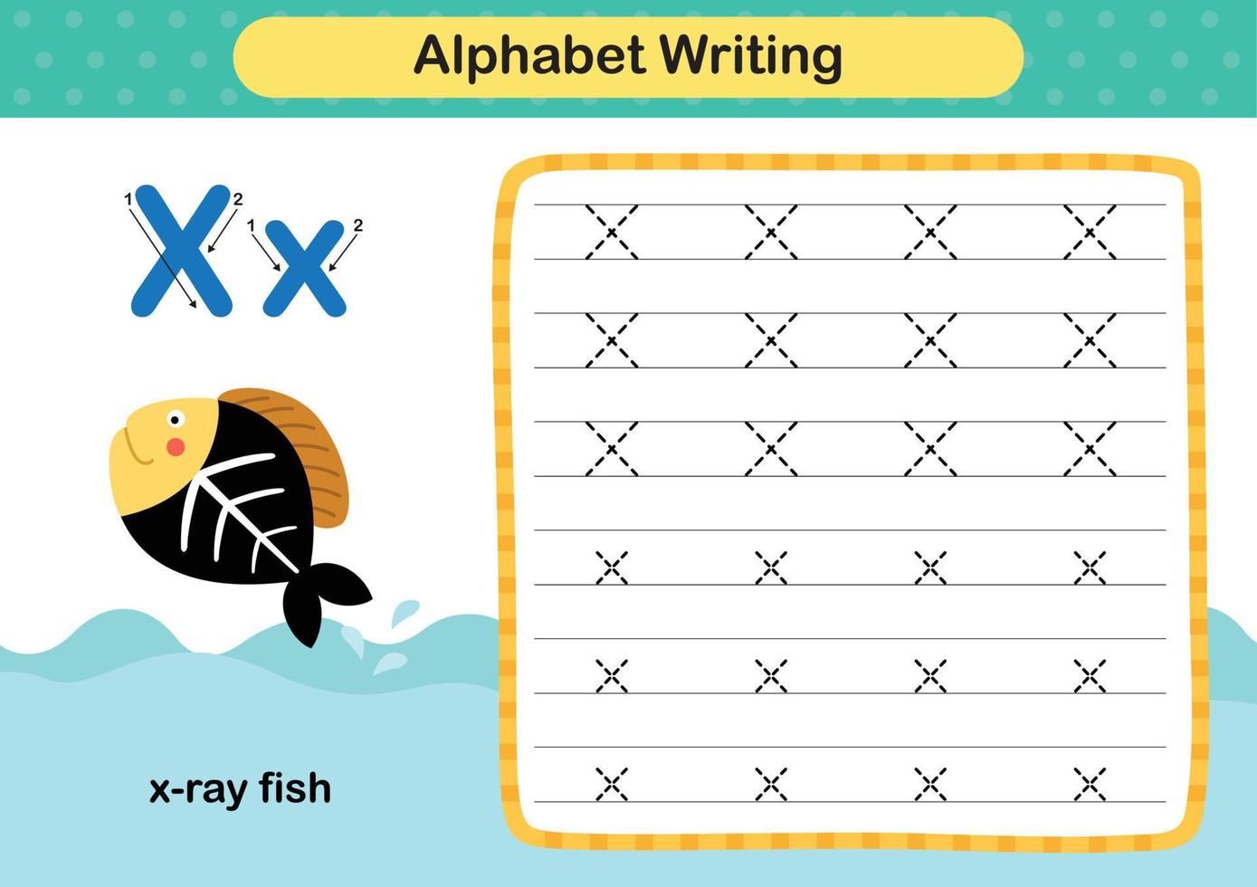 lettre de l'alphabet x - exercice de poisson à rayons x avec illustration de vocabulaire de dessin animé, vecteur