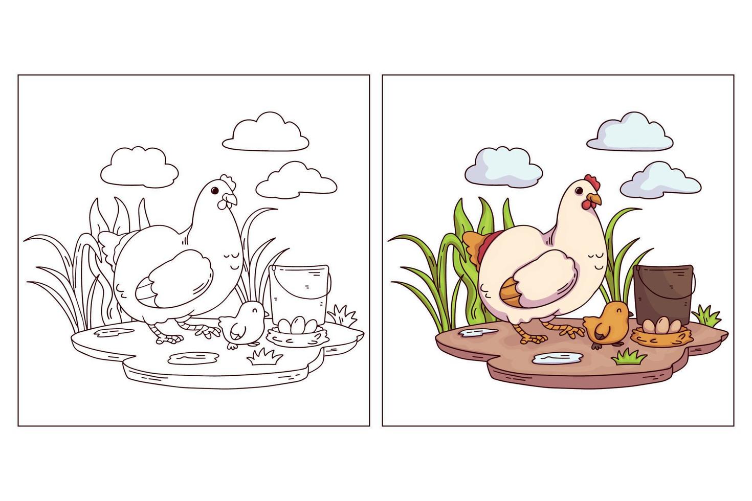 animal de ferme mignon dessiné à la main pour la page de coloriage poule vecteur