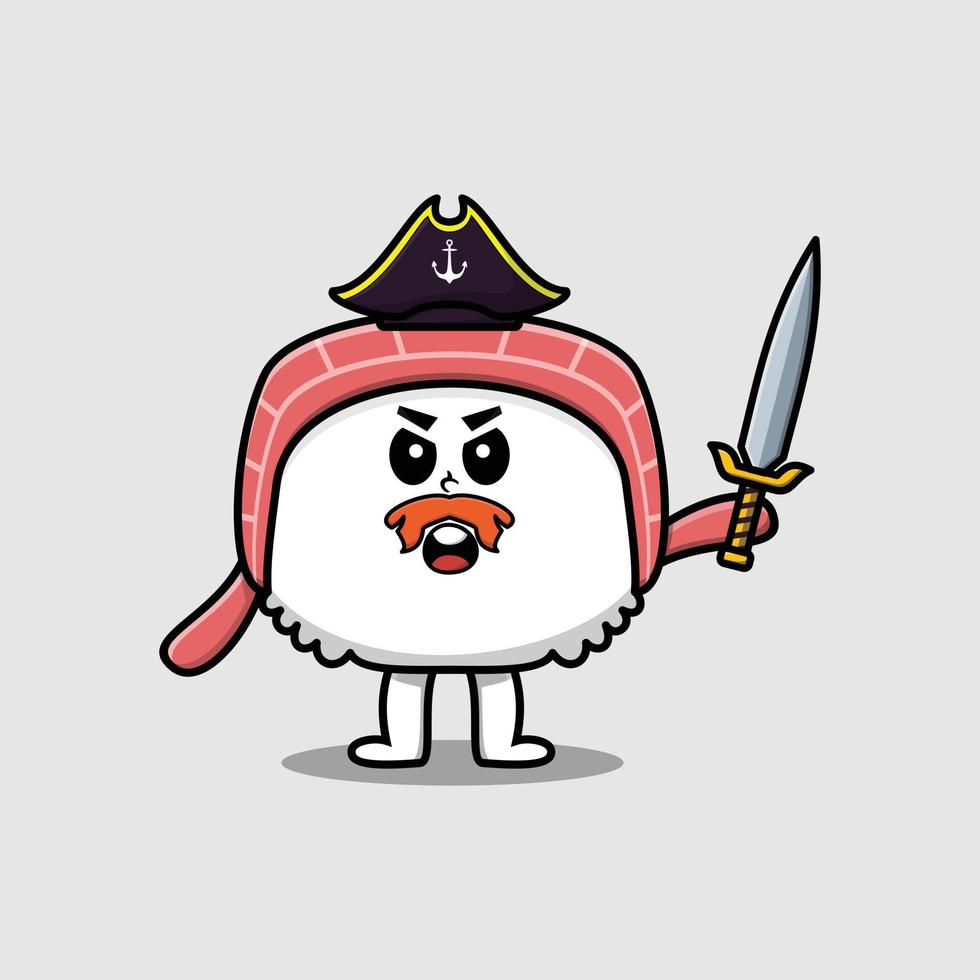 pirate de sushi de dessin animé mignon avec chapeau et tenir l'épée vecteur