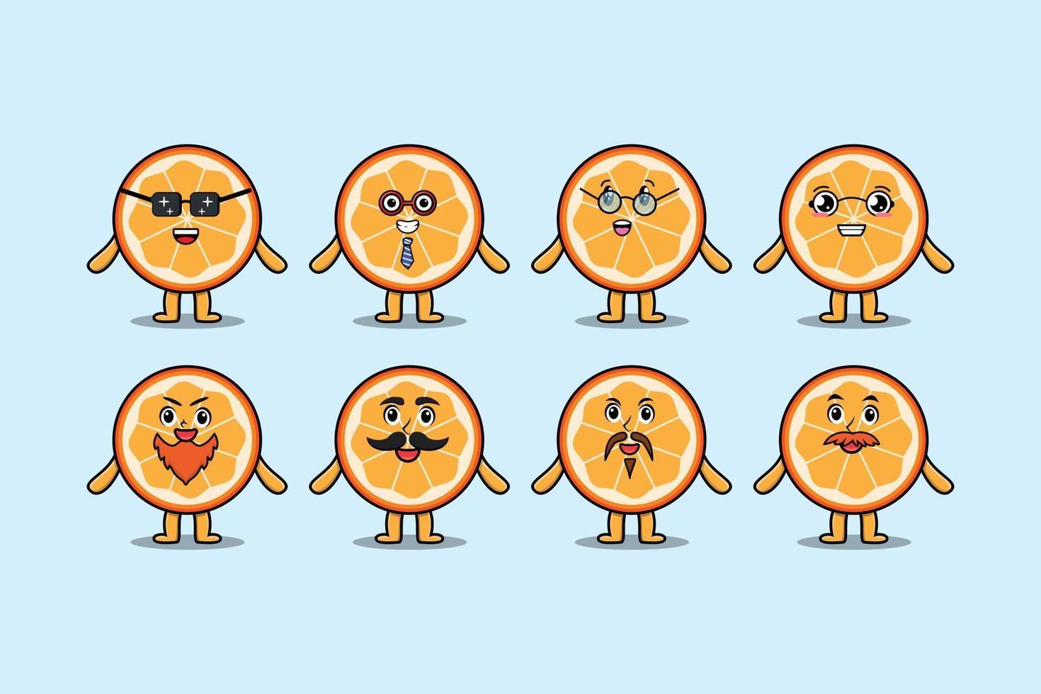 Définir le dessin animé de fruits orange kawaii avec des expressions vecteur