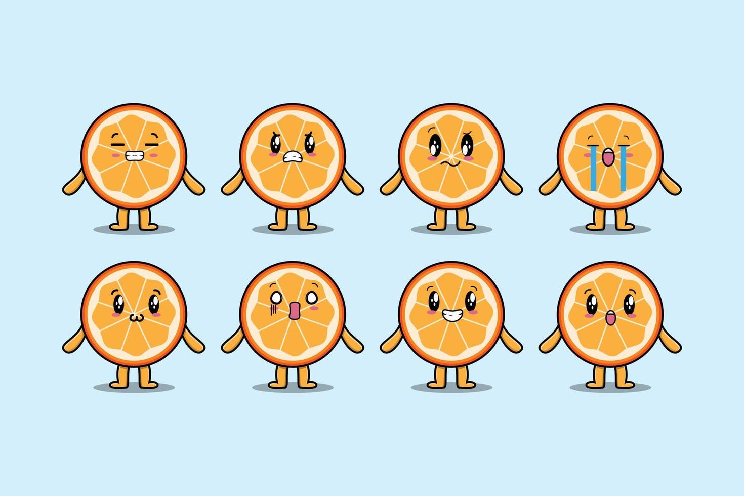 Définir le dessin animé de fruits orange kawaii avec des expressions vecteur