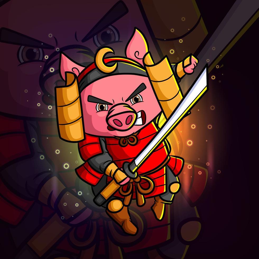 le cochon épéiste attaque avec la conception du logo de la mascotte esport épée vecteur
