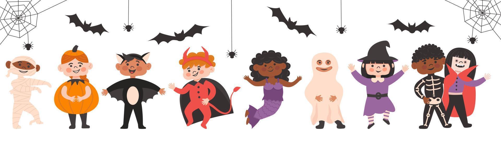 ensemble de fête costumée pour enfants halloween. jolies filles et garçons de nationalités différentes vecteur