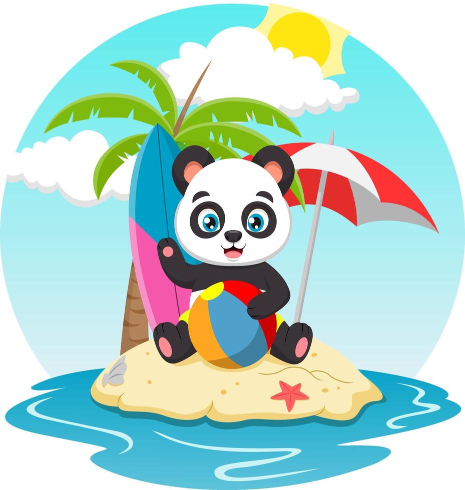 dessin animé mignon de panda à la plage tropicale vecteur