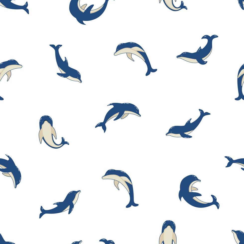 ensemble de modèles sans couture de dauphins de dessin animé dans différentes poses, illustration vectorielle d'animaux marins. les dauphins peints nagent vecteur