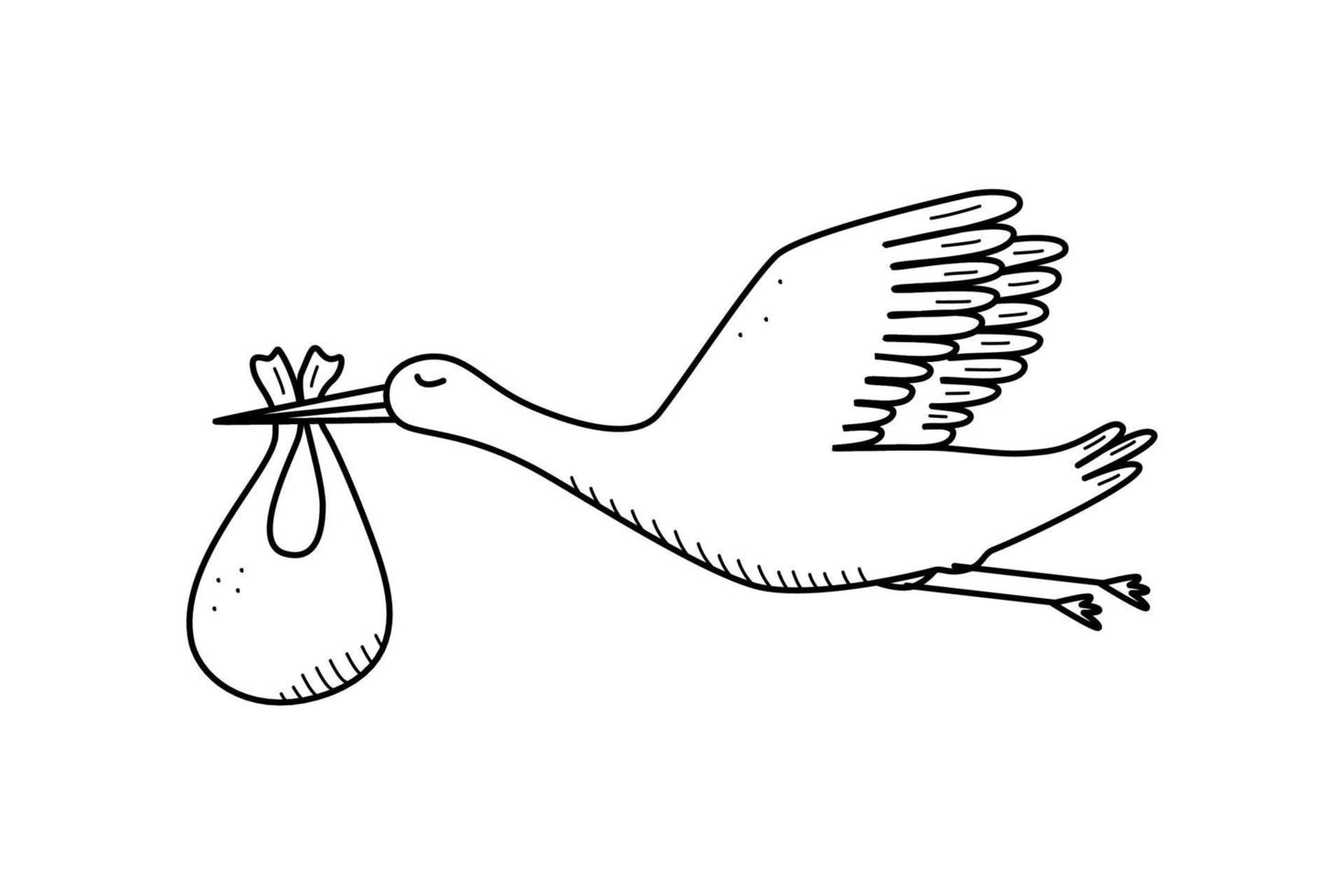 doodle de dessin animé cigogne et nouveau-né. illustration vectorielle du concept de la naissance ou de l'apparition d'un bébé. vecteur