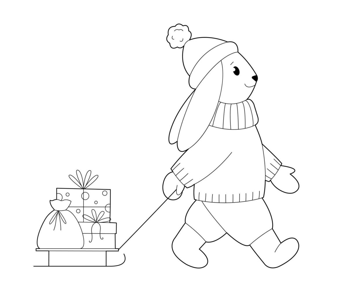 lapin avec un traîneau et des cadeaux de Noël. élément de conception ou page de livre de coloriage pour enfants vecteur