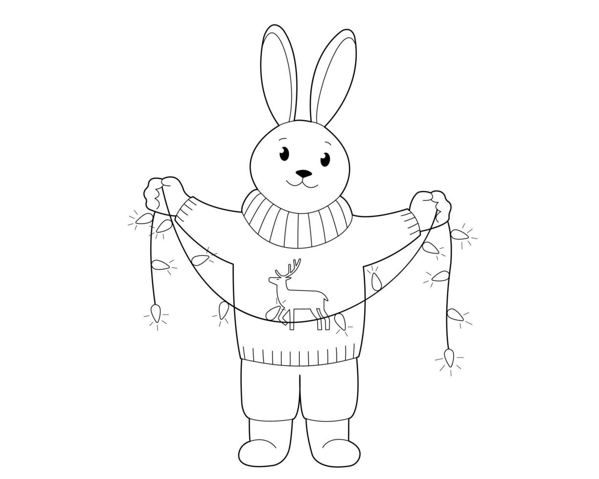 lapin et guirlande de personnage de noël. élément de conception ou une page d'un livre de coloriage pour enfants vecteur