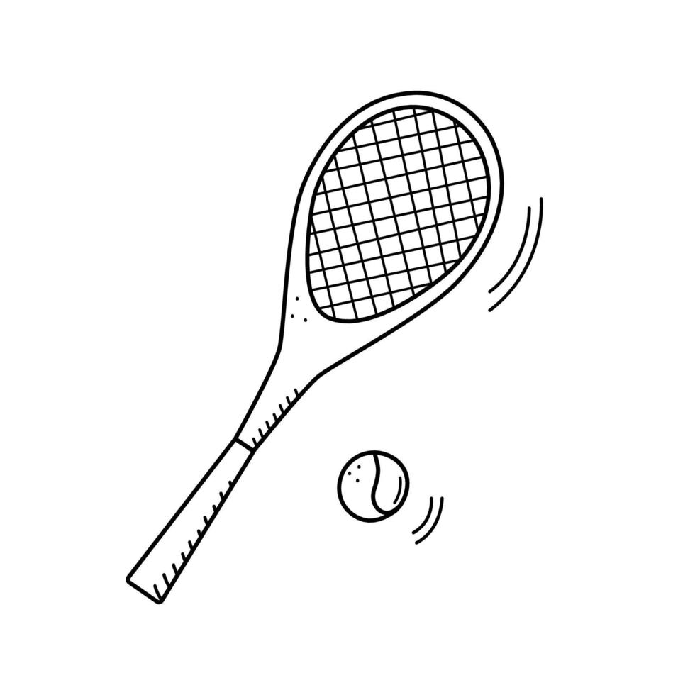raquette de tennis et balle de tennis style doodle isolé sur blanc. illustration vectorielle d'équipements sportifs pour jouer au tennis. vecteur