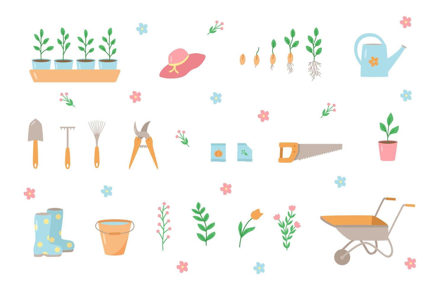 outils et plantes de jardin, un ensemble d'illustrations vectorielles de griffonnage. le jardinage conceptuel, un passe-temps d'été vecteur