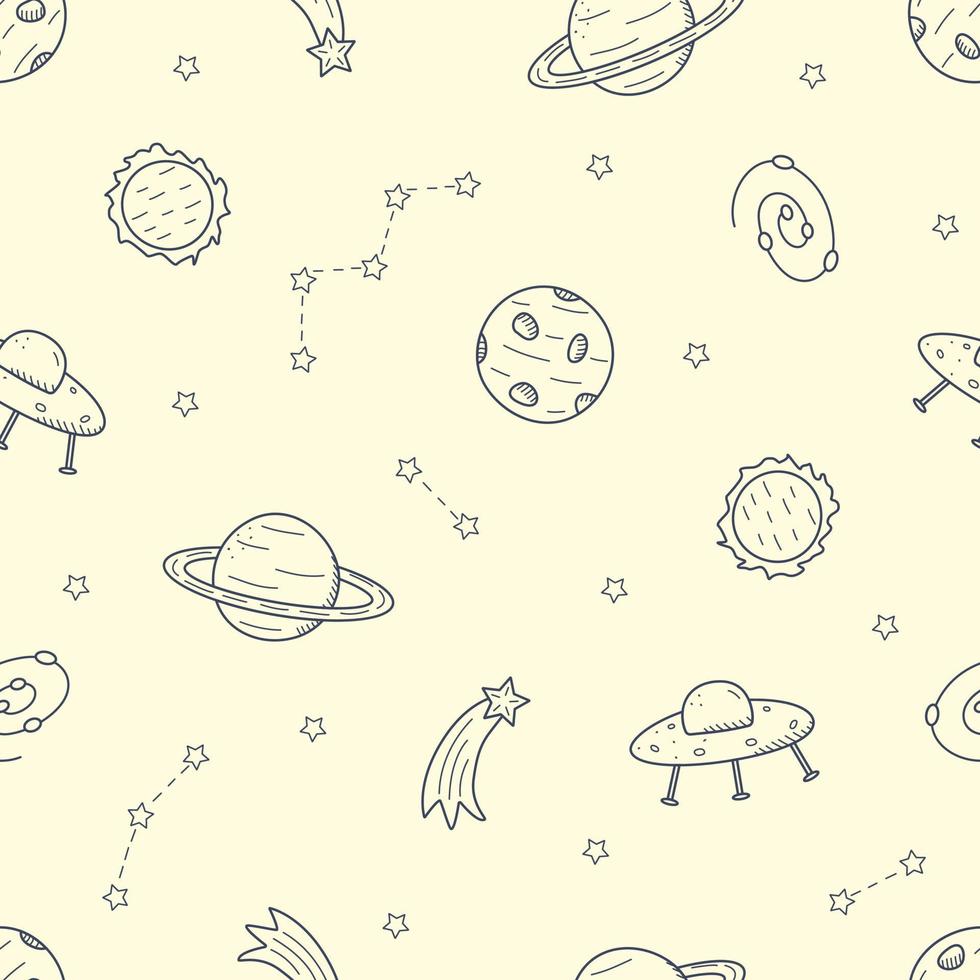 cosmos doodle est un ensemble d'illustrations vectorielles. icônes de modèle sans couture d'éléments spatiaux fusée cosmonaute étoiles satellite télescope comète vecteur