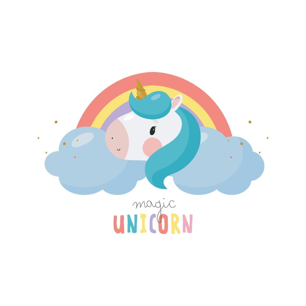 licorne magique et arc-en-ciel. style bande dessinée. illustration vectorielle. pour les trucs pour enfants, cartes, affiches, bannières, livres pour enfants, impression sur le pack, impression sur vêtements, tissu, papier peint, textile ou vaisselle. vecteur