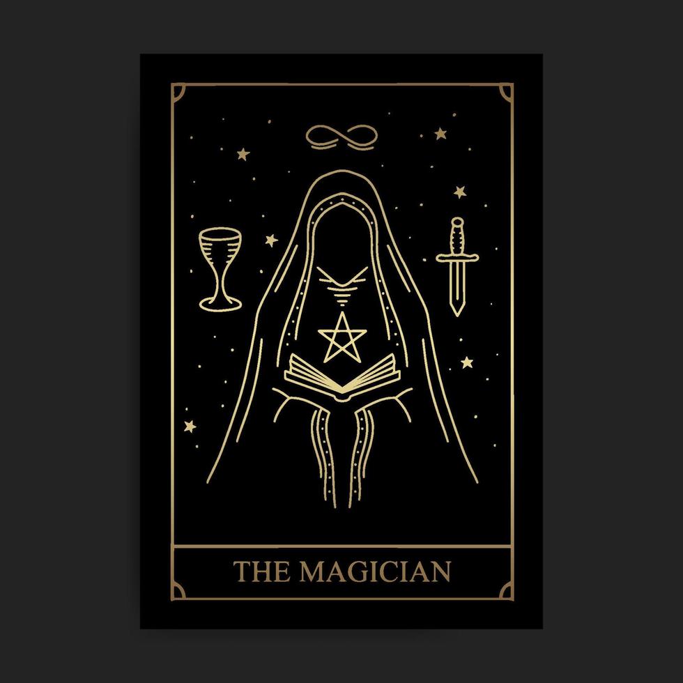 la carte de tarot des arcanes majeurs du magicien dans un style doré dessiné à la main vecteur