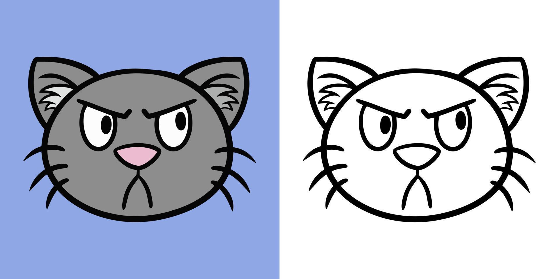 chat en colère gris en style cartoon, ensemble horizontal d'illustrations pour les livres à colorier, illustration vectorielle vecteur
