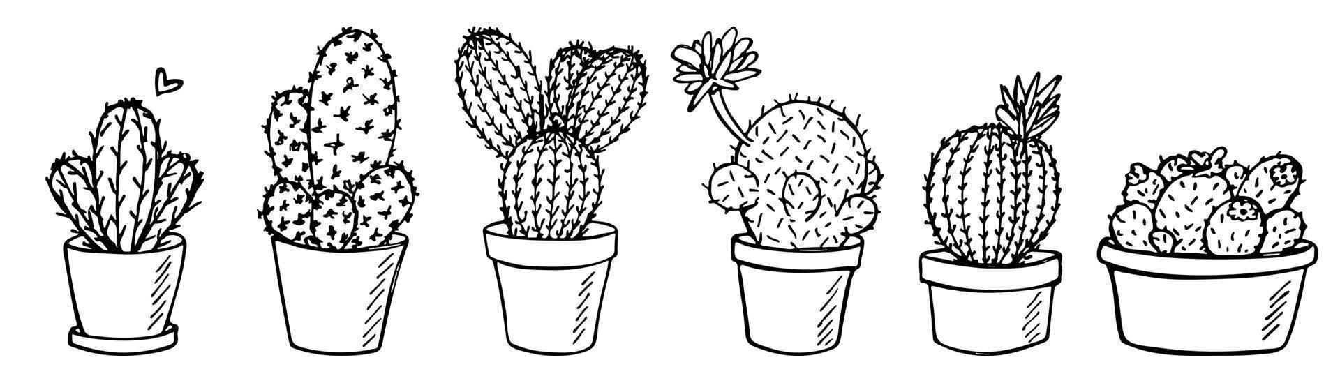 ensemble de cactus simples dessinés à la main mignons. plante d'intérieur dans un pot clipart. illustration de cactus. doodle maison confortable. vecteur