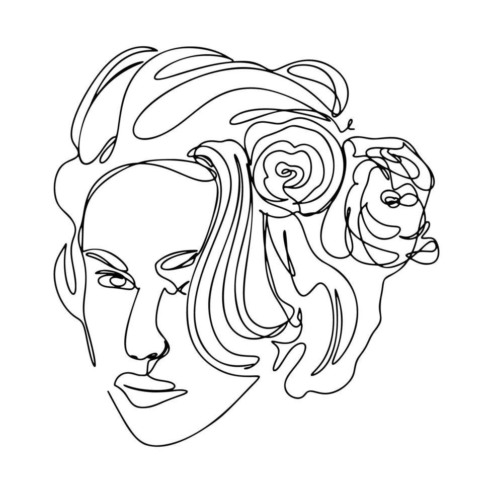 un dessin au trait, une seule ligne continue croquis femme visage floral féminin avec des fleurs vecteur