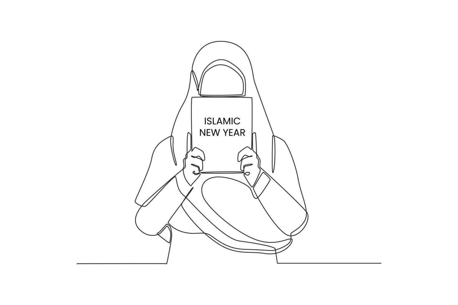 un dessin en ligne continu d'une femme musulmane tenant le livre du nouvel an islamique dans sa main. bonne année islamique. illustration graphique vectorielle de dessin à une seule ligne. vecteur