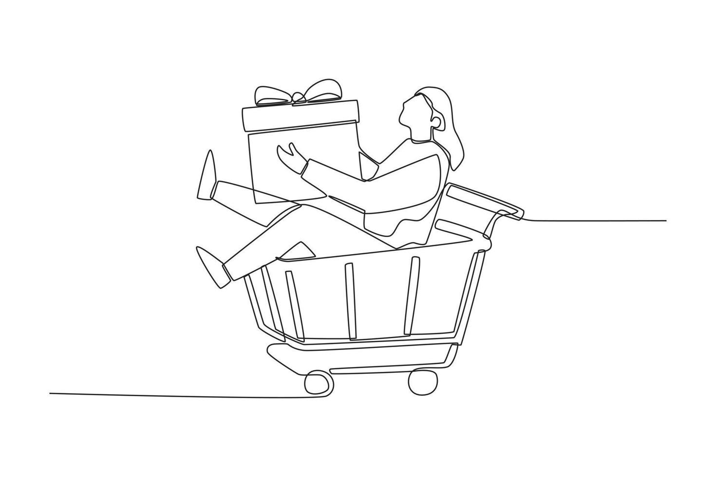 une ligne continue dessinant une jeune fille heureuse tenant un cadeau et assise sur le chariot au moment de la vente flash. concept de vente flash et de remise. illustration graphique vectorielle de dessin à une seule ligne. vecteur