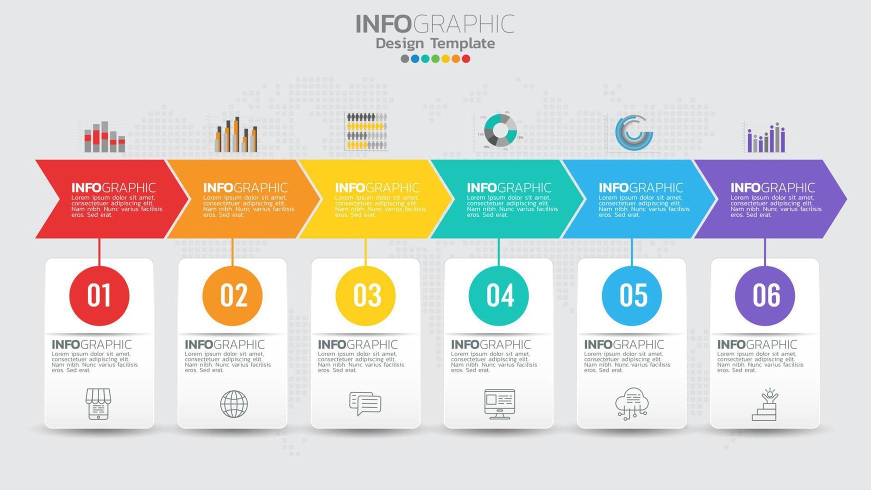 modèle d'infographie de chronologie avec diagramme de processus de flux de travail à 6 éléments. vecteur