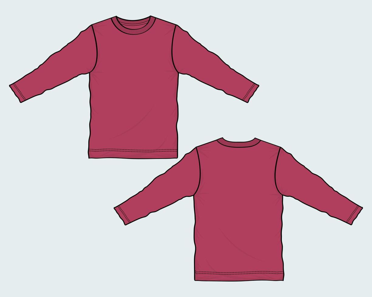 t shirt à manches longues mode technique croquis plat illustration vectorielle modèle de couleur rouge vecteur