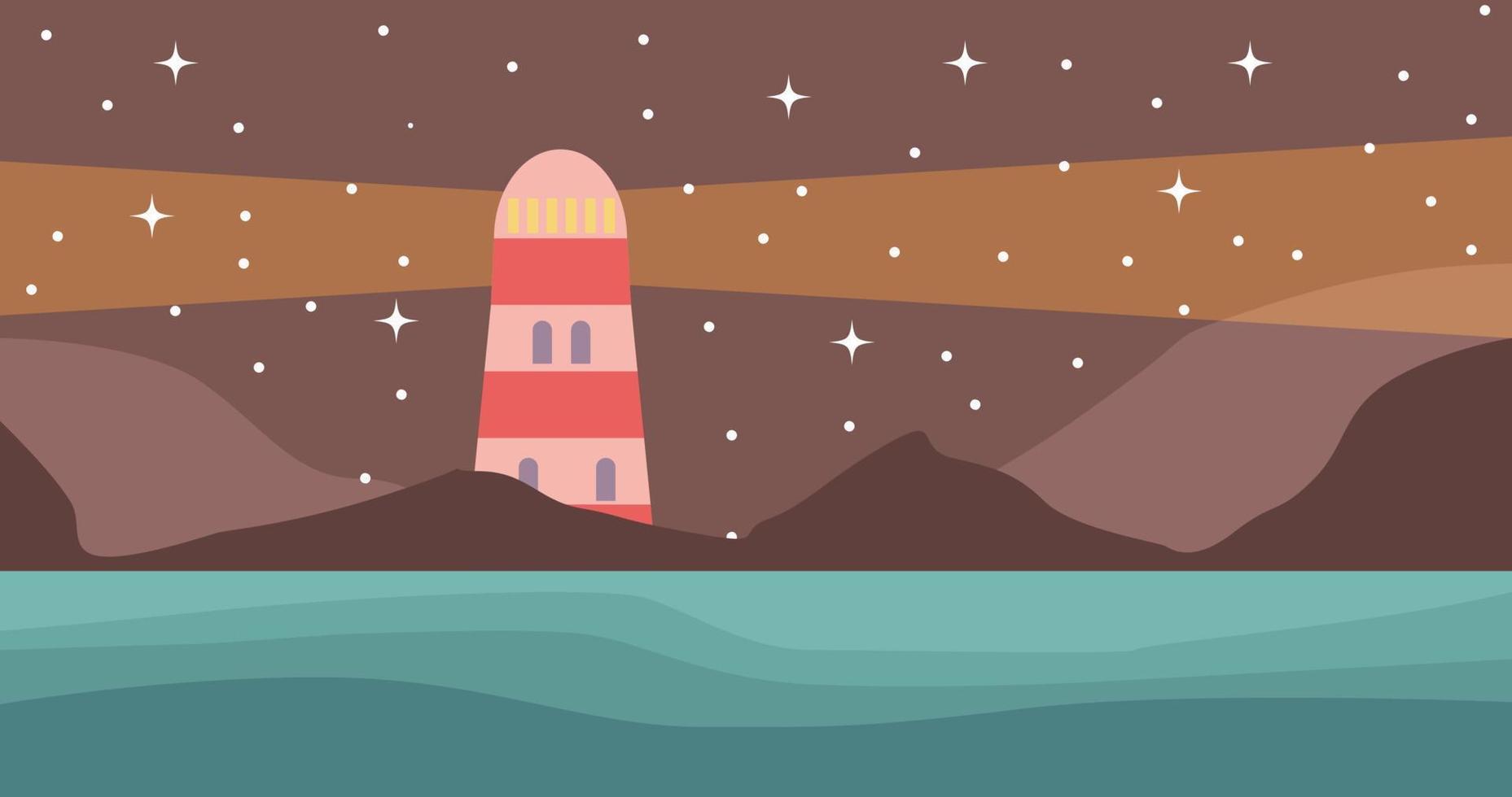 phare, mer, ciel nocturne, étoiles paysage illustration vectorielle vecteur