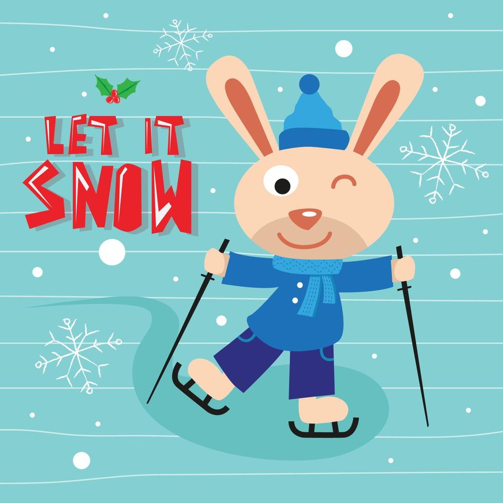 personnage de lapin jouant au ski en hiver et ornement de neige et laissez-le neiger texte dans le bakground vecteur