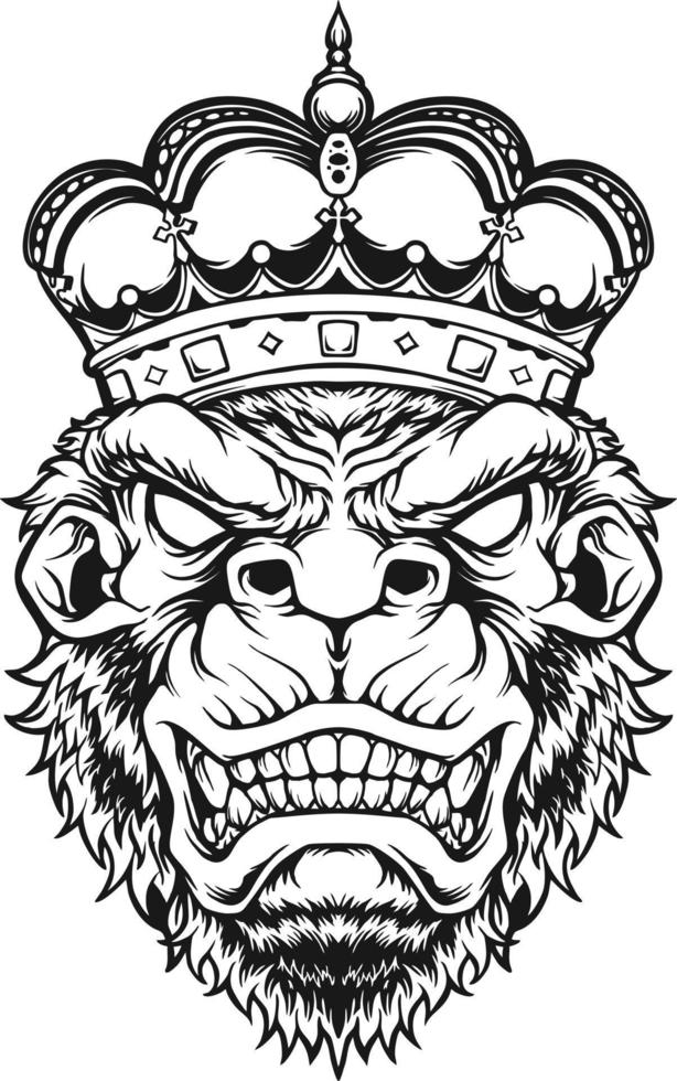 roi kong en colère avec couronne de gorille monochrome orné vecteur
