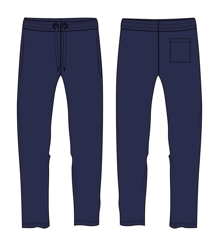 pantalons de survêtement mode technique croquis plat illustration vectorielle modèle de couleur marine vues avant arrière vecteur