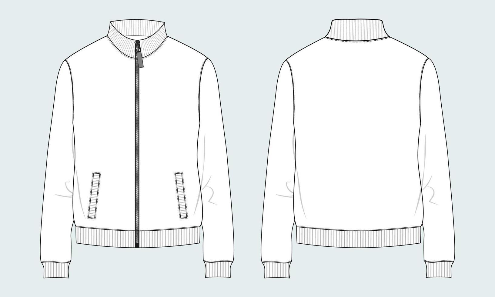 manches longues avec veste polaire longue zippée sweat-shirt mode technique croquis plat modèle d'illustration vectorielle vues avant, arrière. vecteur