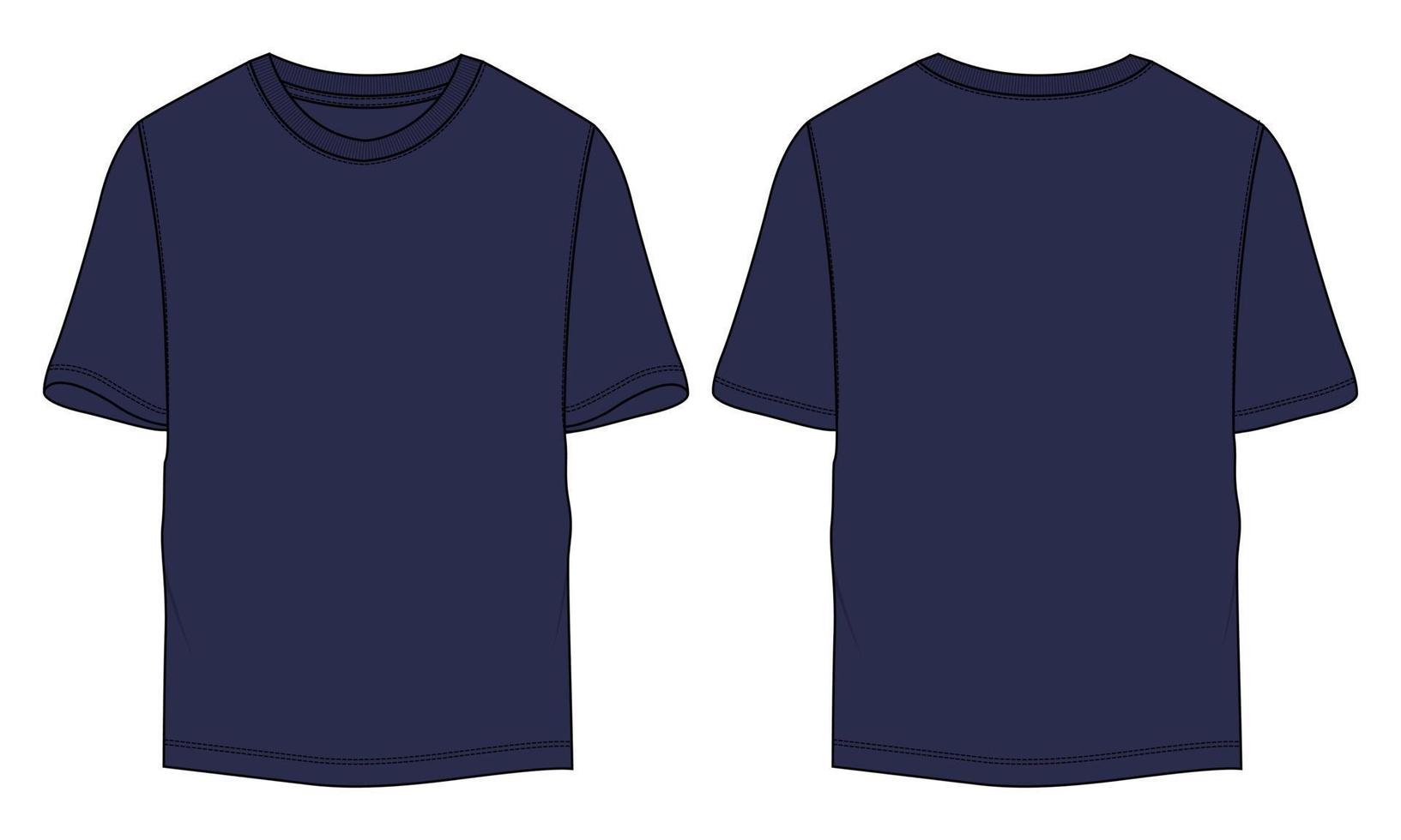 t-shirt à manches courtes mode technique croquis plat illustration vectorielle modèle de couleur marine vues avant et arrière vecteur