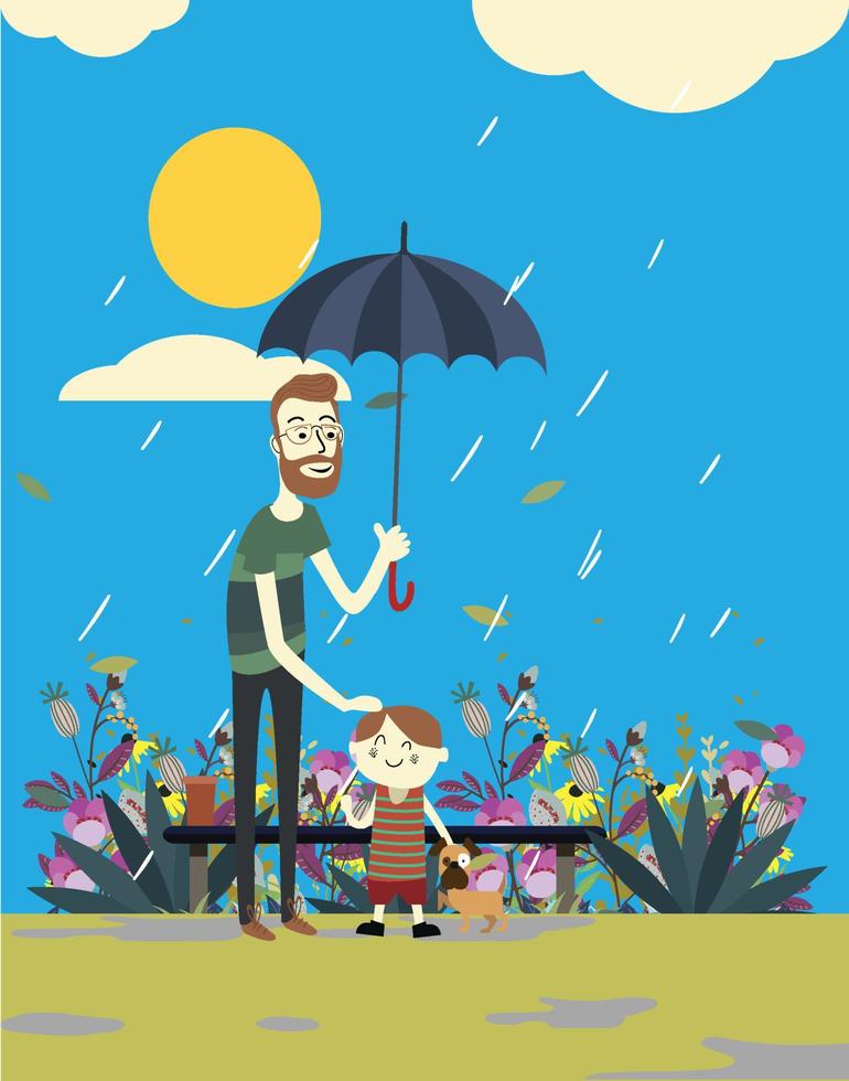 père avec son fils sous la pluie vecteur