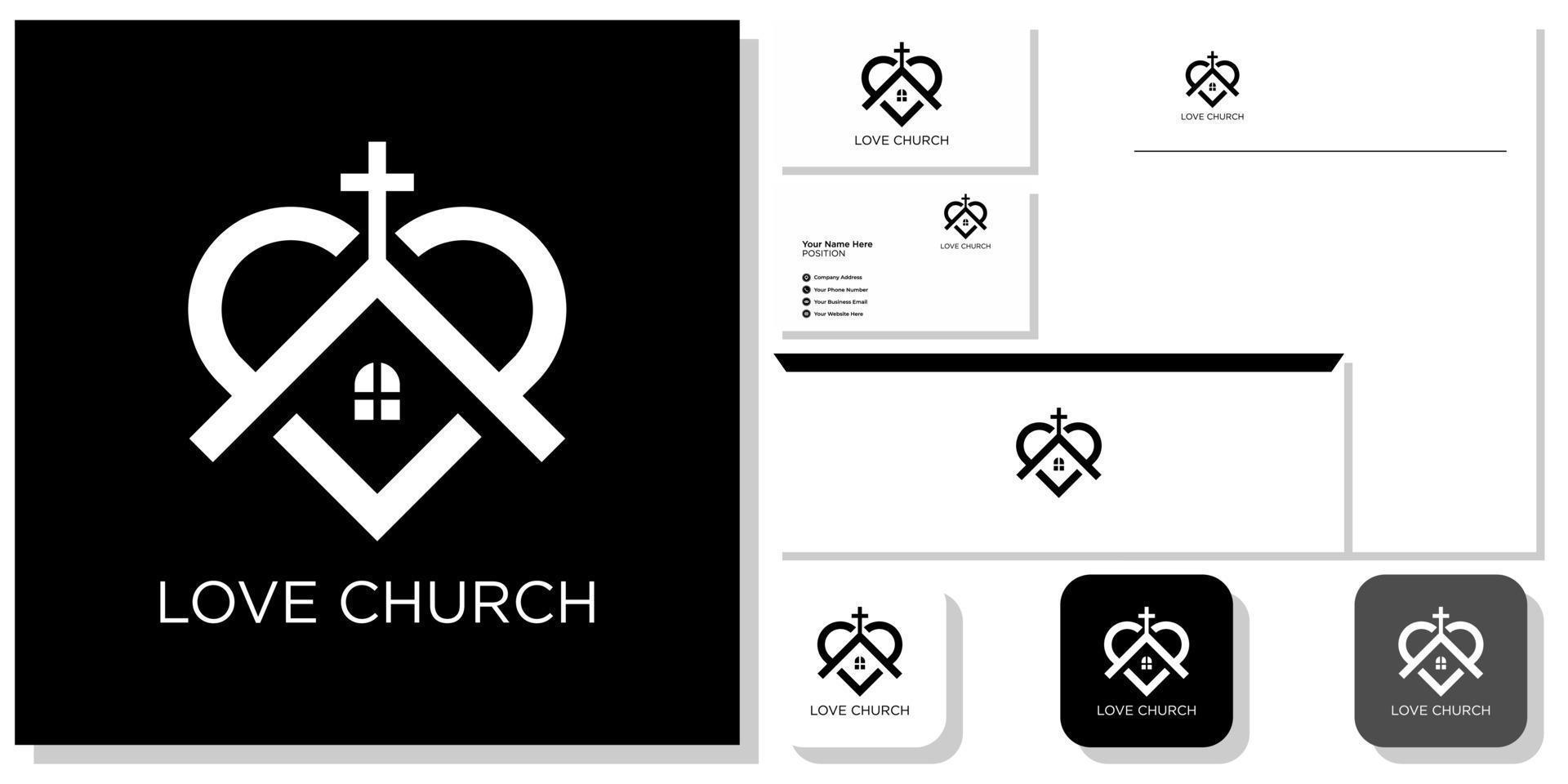 amour église coeur croix bâtiment foi avec modèle d'identité de marque vecteur