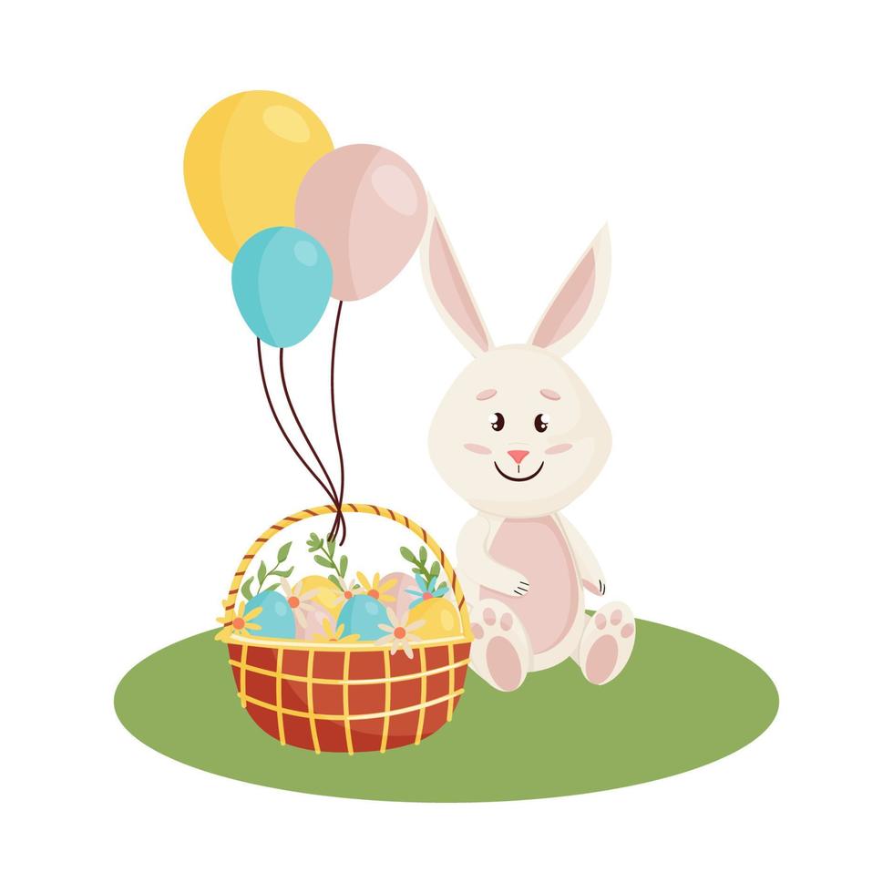 personnage de lapin. assis et riant drôle, joyeux lapins de dessin animé de pâques avec des oeufs, panier et ballons vecteur