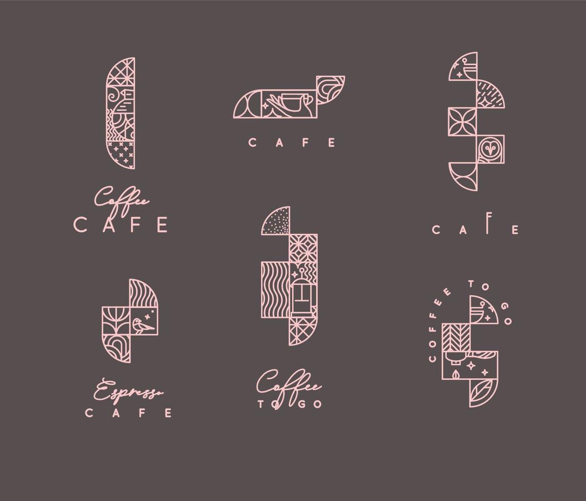 ensemble d'éléments créatifs de café art déco moderne dans un style de ligne plate dessinant sur fond marron. vecteur
