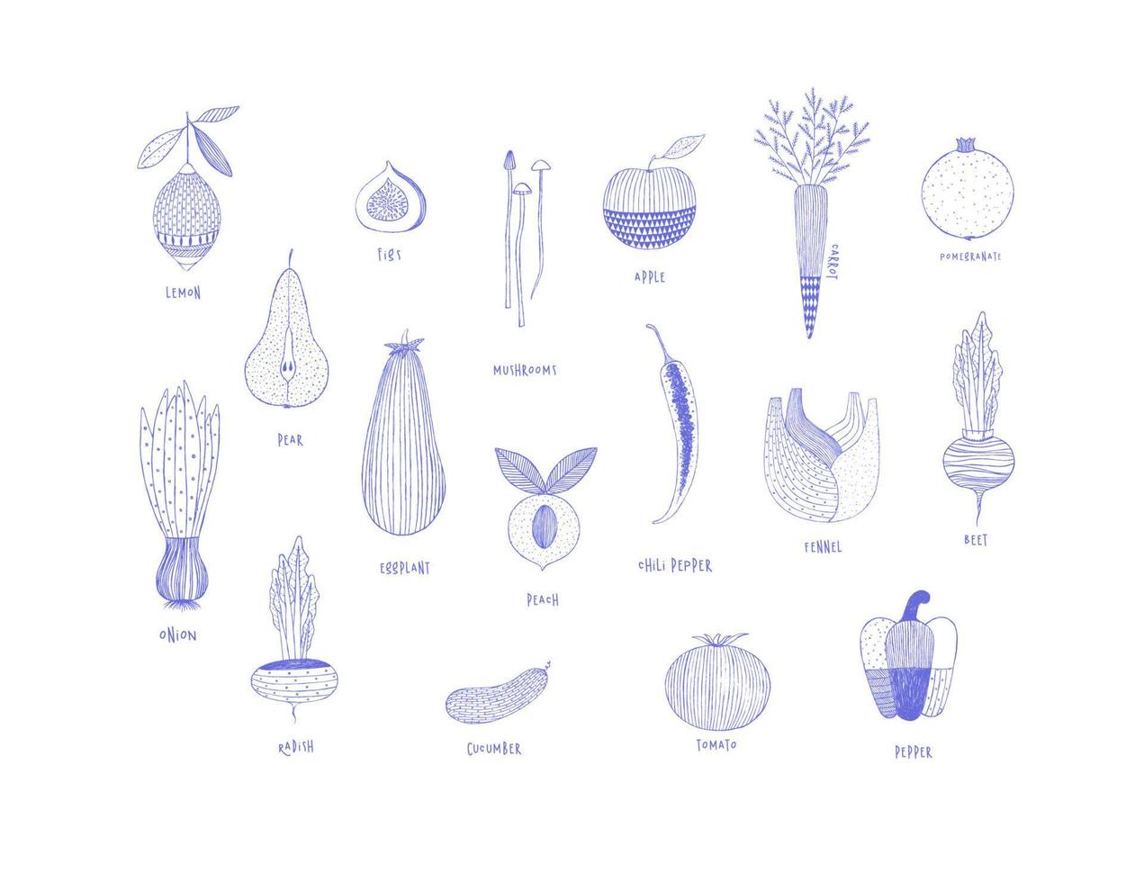 fruits et légumes dans un style d'ornement dessiné à la main citron, poire, figues, champignons, pomme, carotte, grenade, oignon, aubergine, pêche, piment, fenouil, betterave, radis concombre tomate poivre vecteur