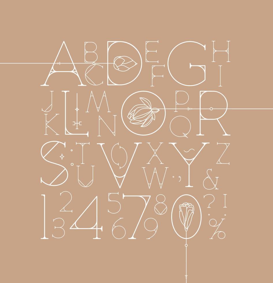 alphabet art déco avec lettres et chiffres dessinant sur fond beige vecteur